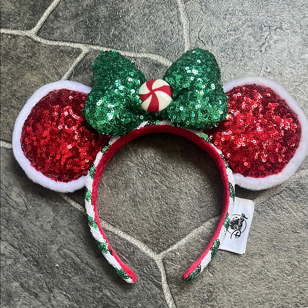 Disney Christmas Peppermint Sequin Minnie Mouse Ears Headband